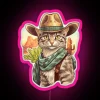 Western-themed cat wearing a hat surrounded by neon signs in a desert landscape.