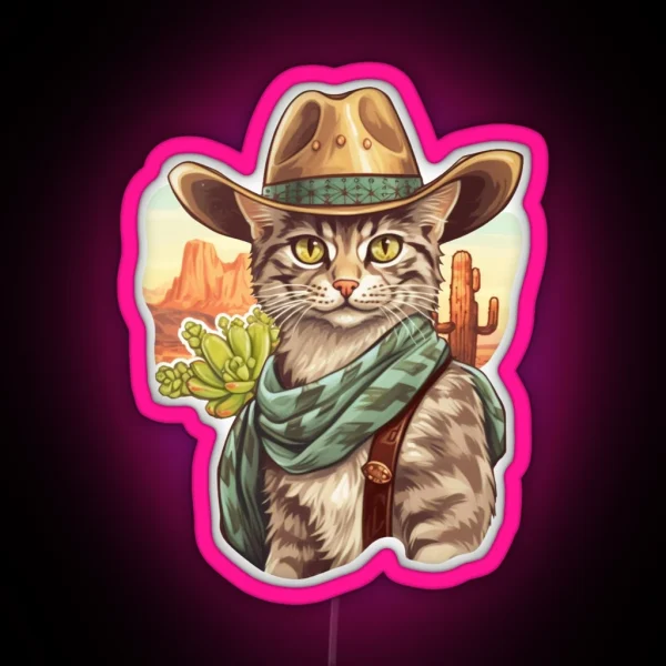 Western Cowboy Country Cute Cat With Hat And Cactus RGB Neon Sign