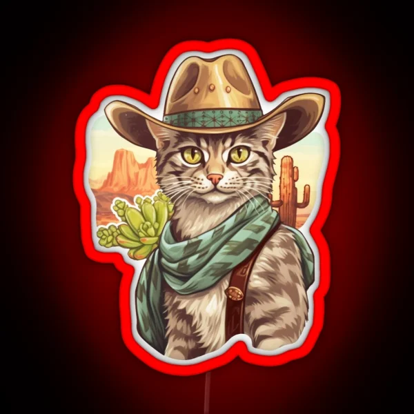 Western Cowboy Country Cute Cat With Hat And Cactus RGB Neon Sign