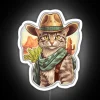 Cute cat in cowboy hat standing next to a cactus under a neon Western-themed sign.