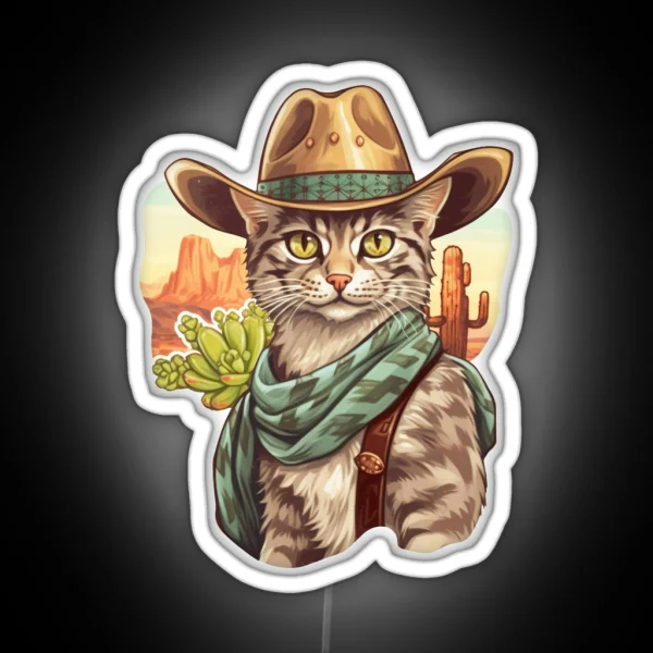 Western Cowboy Country Cute Cat With Hat And Cactus RGB Neon Sign
