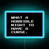 Neon sign with RGB lighting displaying a humorous curse message on a dark night sky.