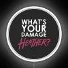 Neon sign with colorful, glowing letters reading "What's your damage?" in a retro aesthetic.