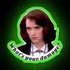 Neon sign with RGB colors reading "What's your damage?" in green.