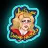 Neon sign with bold, colorful letters reading 'What's Your Damage' in a futuristic style.
