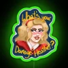 Neon sign with bold, colorful lettering displaying the phrase 'What's your damage?'