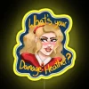 Neon sign with bold, colorful typography reading "What's your damage?" in a stylized, distressed font.