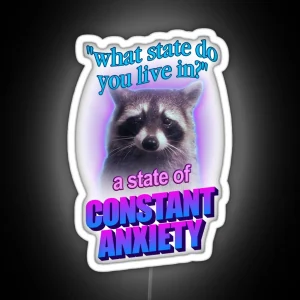 What State Do You Live In A State Of Constant Anxiety Raccoon Word Art RGB Neon Sign