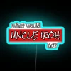 Uncle Iroh-inspired neon sign with pastel colors and calligraphy font, featuring wisdom and tranquility.