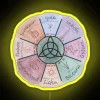 Neon wheel of the year calendar with colorful lights illuminating spring, summer, autumn, and winter seasons.