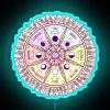 Neon sign featuring the Wheel of the Year, a colorful illustration of the eight Sabbats in a cyclical pattern.