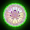 W Wheel of the Year symbol with neon sign in green, representing lunar cycles and seasonal transitions