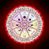 Neon sign displaying a wheel of the year color-coded chart with red highlights.