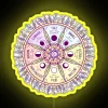 Neon sign with a colorful wheel of the year calendar