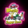 Neon sign featuring Wheelie and The Chopper Bunch characters in pink and RGB colors.