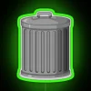 Colorful neon sign featuring a wheelie bin amidst trash and garbage.
