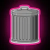 A colorful wheelie bin with neon sign next to a pile of trash.