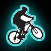 Mountain biker performing a wheelie on a neon-colored bicycle.