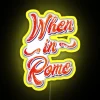 Neon sign in Rome's cityscape with vibrant colors at dusk.