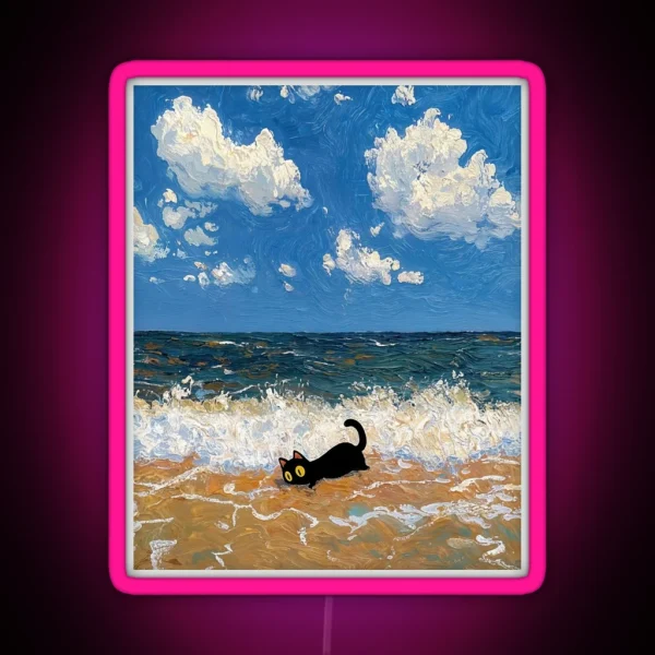 Whimsical Cat Frolics By The Sea Under Playful Clouds RGB Neon Sign
