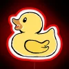 Whimsical neon sign featuring a rubber ducky illustration, blending playful charm with a love for nature and adventure.