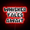 Neon sign featuring whisker tales in RGB colors with red neon lights.