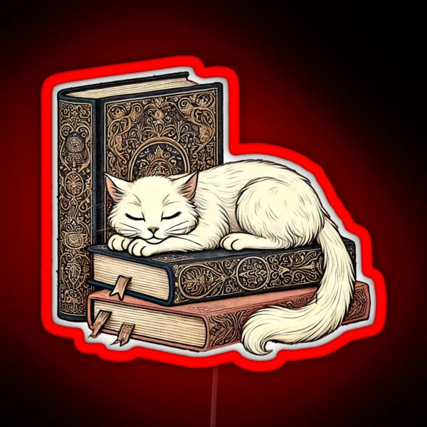 White Cat Resting On Ornate Books RGB Neon Sign