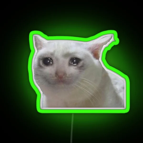 White Crying Cat Meme RGB Neon Sign