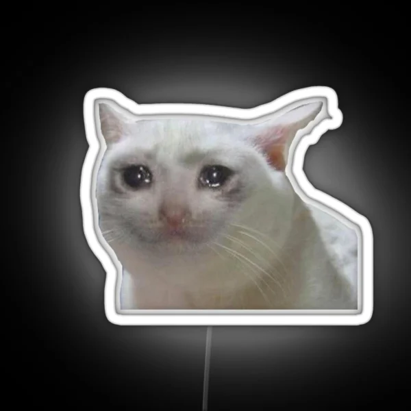 White Crying Cat Meme RGB Neon Sign