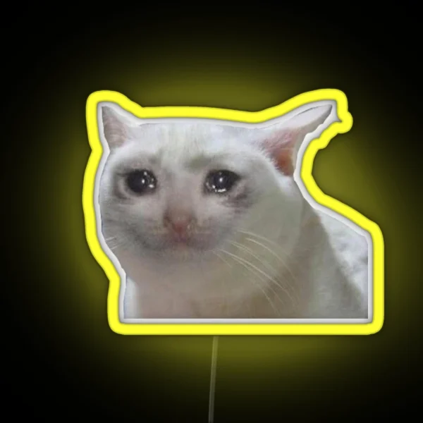 White Crying Cat Meme RGB Neon Sign