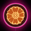 A neon pink sign with a white lotus flower design.