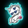 Neon sign with white, black, RGB, and neon blue hues featuring a stylized white mage lily logo.