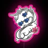 Neon sign with glowing white and pink letters on a black background.