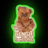 RGB neon sign with massive, green letters spelling out 'Wicked Wicked Bungle'