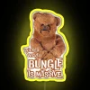 Neon sign with vibrant yellow RGB display in a boulder-like shape, reading 'Wicked Wicked Bungle'
