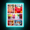 Neon RGB sign with colorful waffles and candy graphics, highlighting a vibrant food or dessert brand.