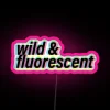 Neon sign with vibrant, glowing pink letters in a wild and fluorescent RGB display.