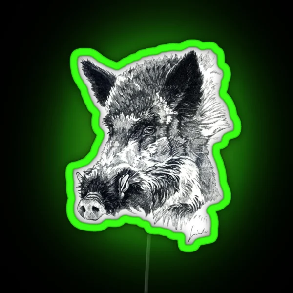 Wild Boar Head Drawing RGB Neon Sign