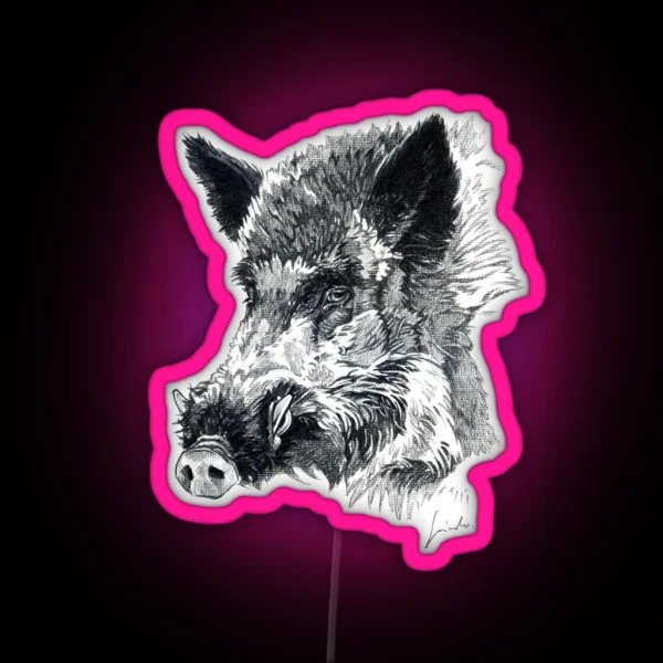 Wild Boar Head Drawing RGB Neon Sign