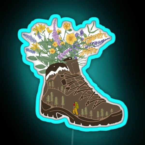 Wildflowers In Hiking Boot With Snowcapped Mountains RGB Neon Sign