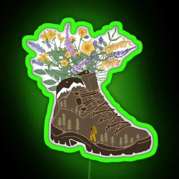 Wildflowers In Hiking Boot With Snowcapped Mountains RGB Neon Sign