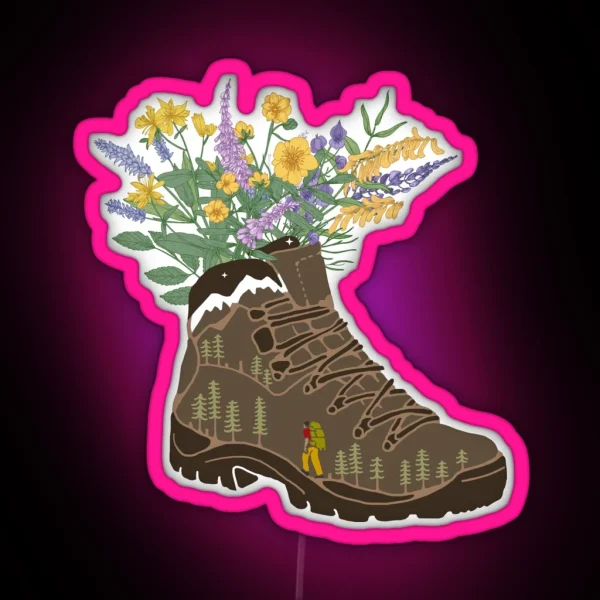 Wildflowers In Hiking Boot With Snowcapped Mountains RGB Neon Sign