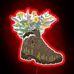 Wildflowers In Hiking Boot With Snowcapped Mountains RGB Neon Sign