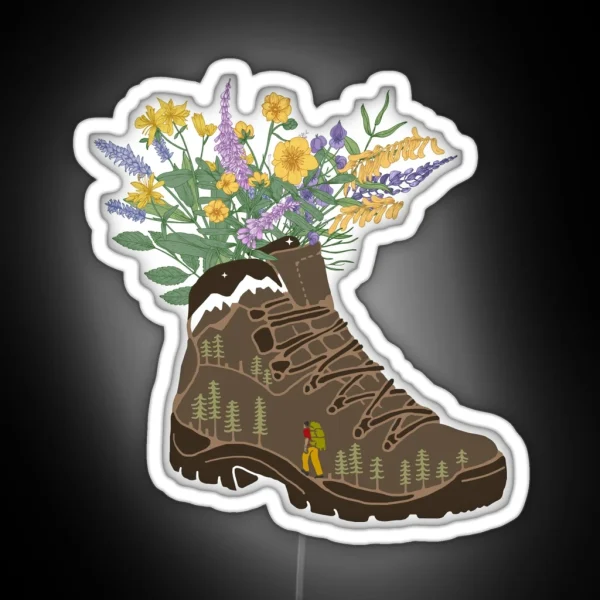 Wildflowers In Hiking Boot With Snowcapped Mountains RGB Neon Sign