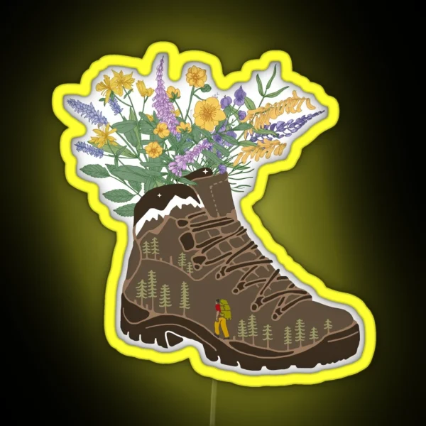Wildflowers In Hiking Boot With Snowcapped Mountains RGB Neon Sign