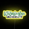 Wilmington University neon sign with yellow accents in a vibrant, RGB color scheme.