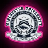 Neon pink Winchester University sign with glowing RGB lights at night.