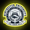 Neon Winchester University sign with colorful LED lights illuminating at night.
