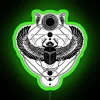 Ancient Egyptian symbol of the sun god, featuring a winged scarab beetle illuminated by vibrant green neon lights in a sty...