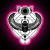 Ancient Egyptian symbolism featuring a winged scarab beetle surrounded by vibrant, neon-lit sun disc elements on a pink ba...